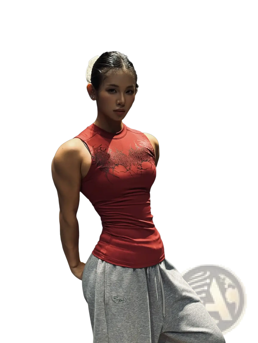 Red sleeveless gothic fitness tank top with subtle black dragon graphic quick dry sports camisole material