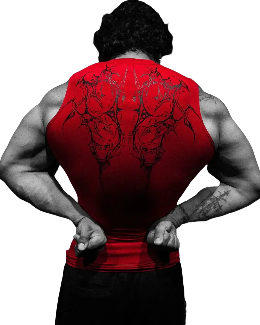 Back side of a vibrant red gothic fitness tank top with bold black graphic design quick dry sports camisole