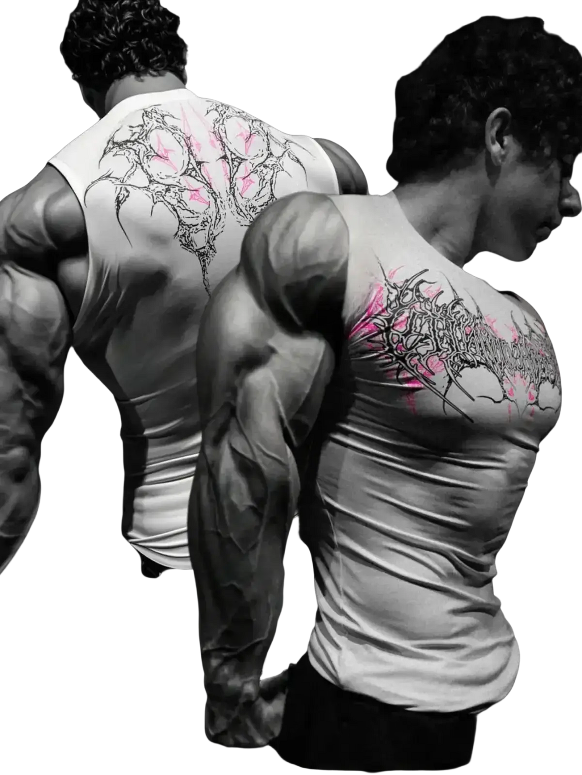 White sleeveless quick dry gothic fitness tank top with black and pink tribal-style graphic design on the back