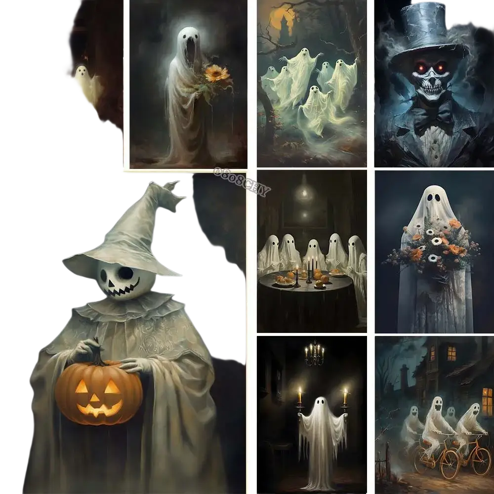 Gothic halloween ghost canvas painting featuring translucent white ghosts in spooky scenes with glowing pumpkin and red eyes