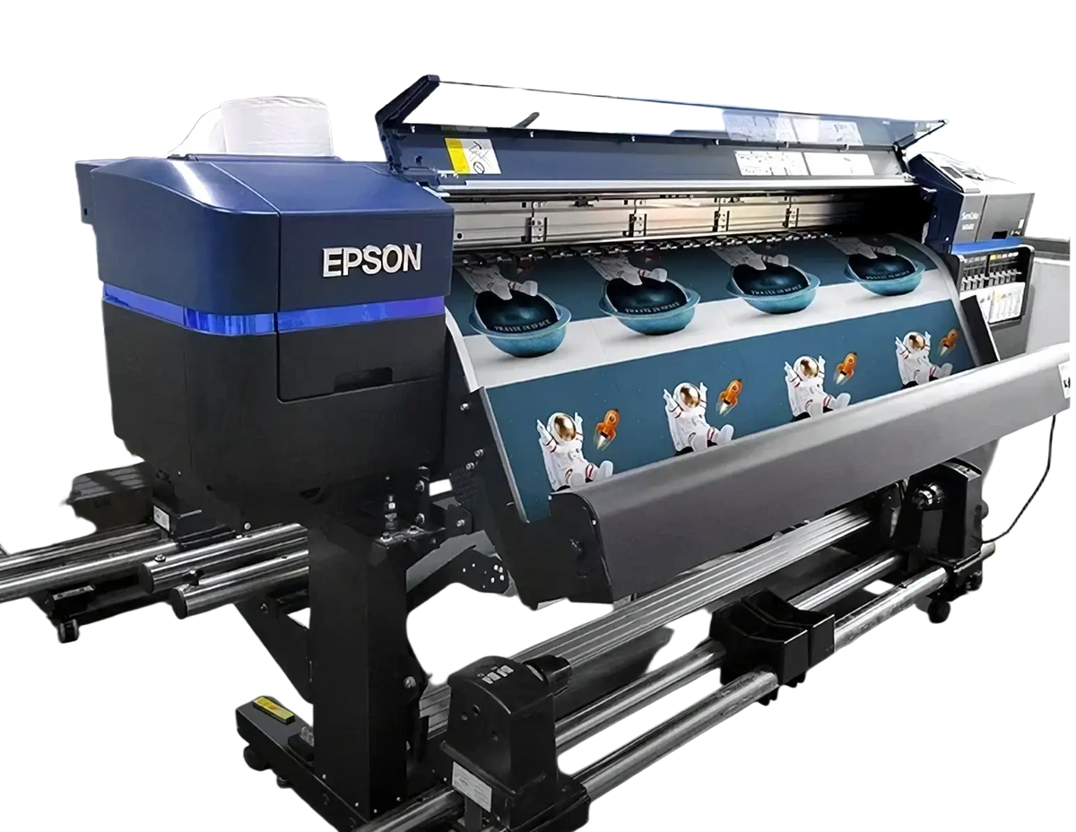 Epson large-format printer with blue and black body printing vibrant astronaut-themed gothic halloween ghost canvas painting