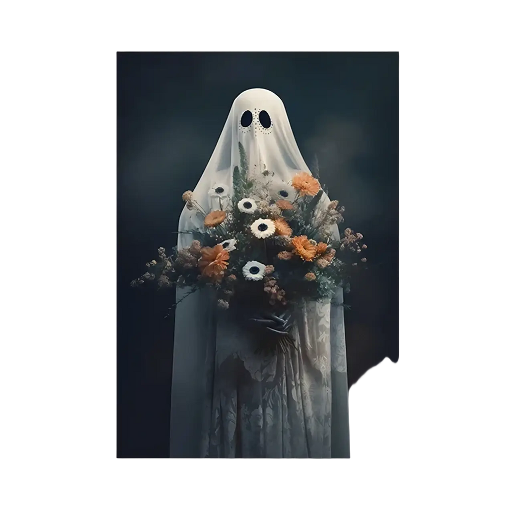 Gothic Halloween ghost canvas painting featuring a ghostly figure in white holding orange and white flowers bouquet
