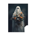 Gothic Halloween ghost canvas painting featuring a ghostly figure in white holding orange and white flowers bouquet