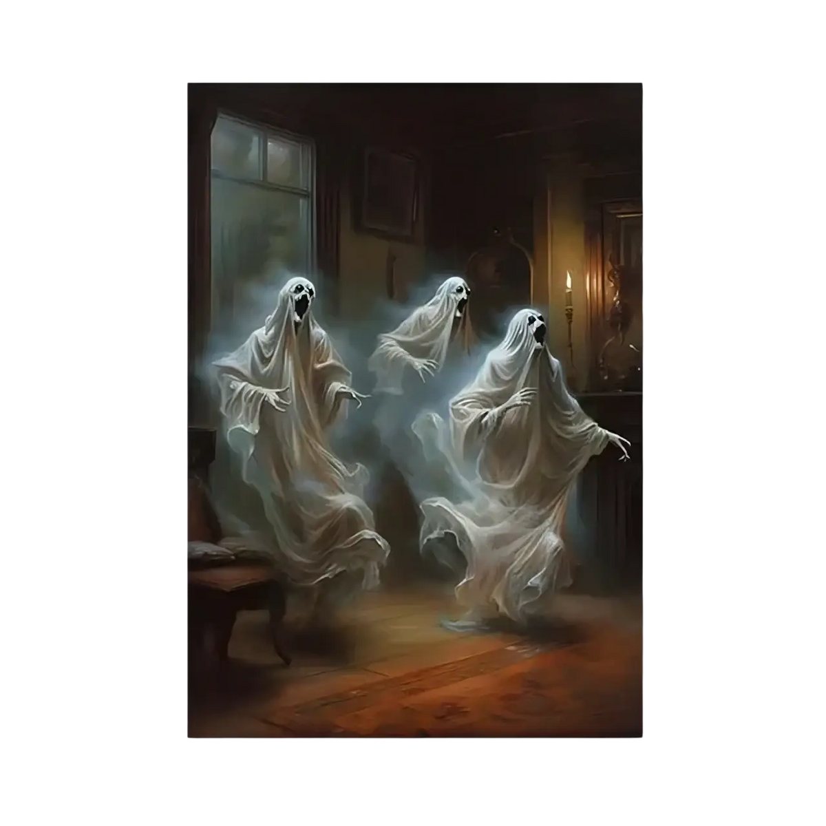 Gothic halloween ghost canvas painting showing three ethereal white-sheet ghosts dancing in a dim candlelit room