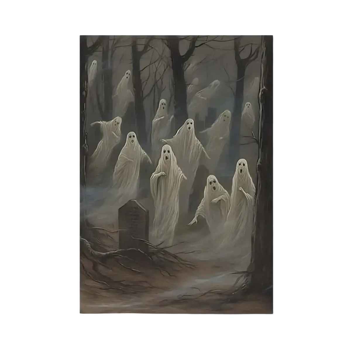 Gothic halloween ghost canvas painting featuring translucent ghostly figures in a misty graveyard with bare trees