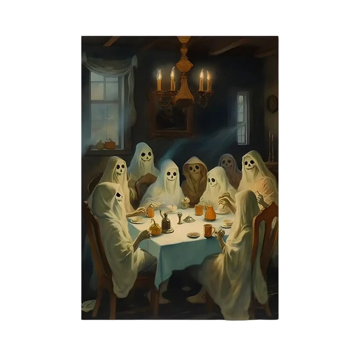 Gothic halloween ghost canvas painting depicting translucent white ghostly figures around a candlelit dining table