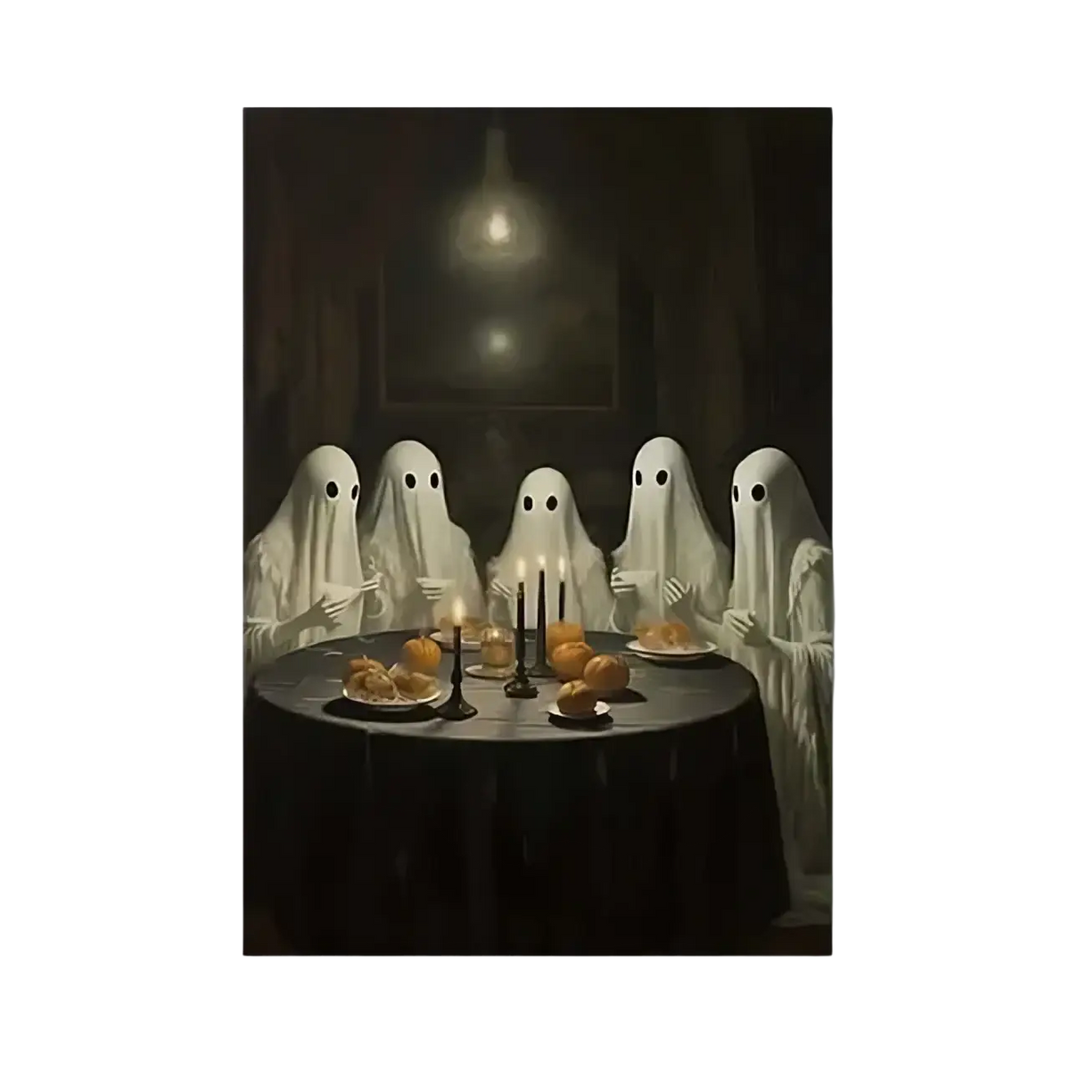 Gothic halloween ghost canvas painting featuring five white sheet ghost figures around a candlelit dark table