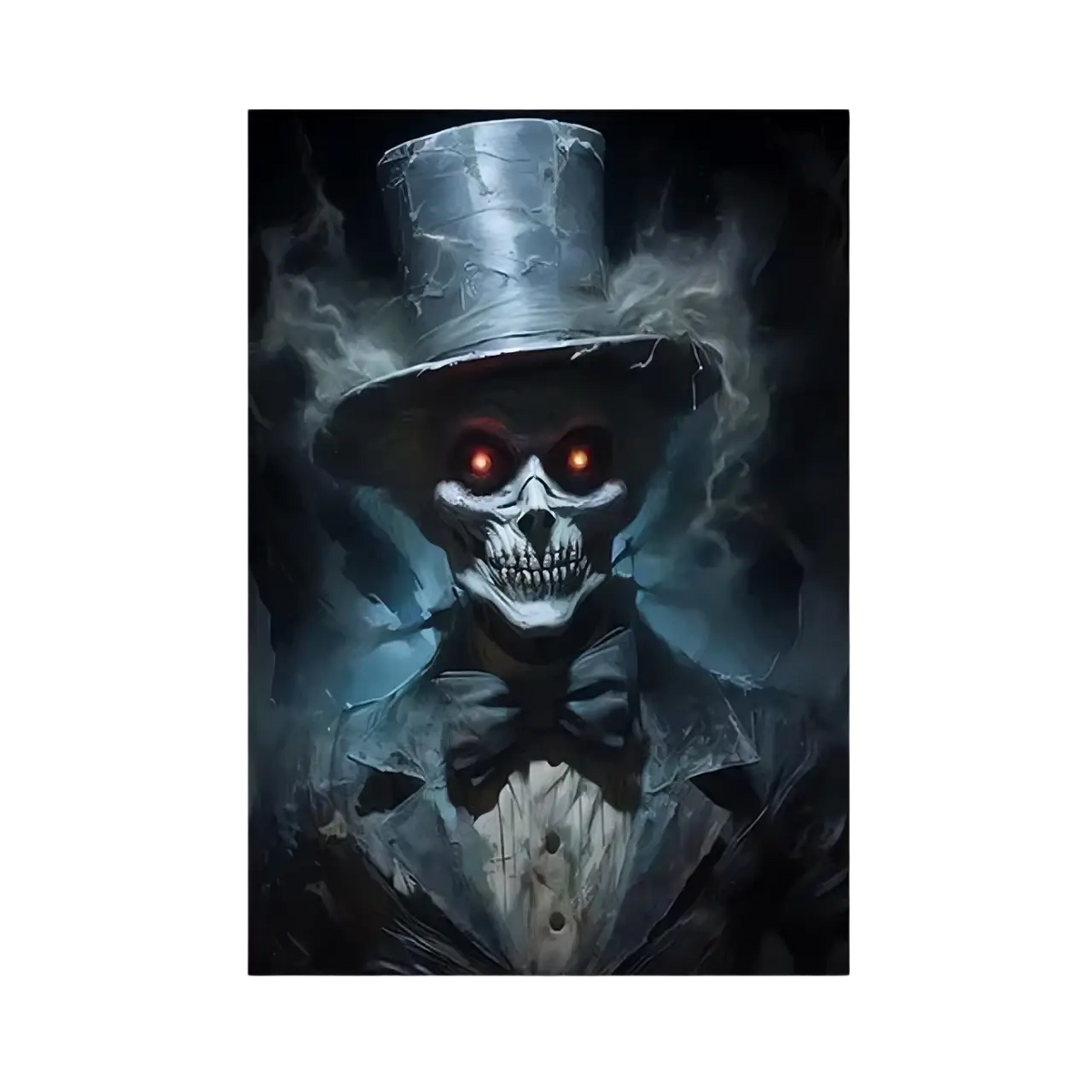 Gothic halloween ghost canvas painting featuring a skeleton in a black tuxedo and silver top hat with glowing red eyes