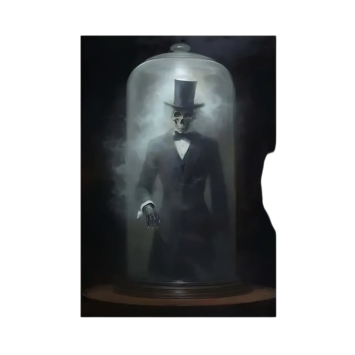 Gothic halloween ghost canvas painting featuring a skeleton in a black tuxedo and top hat encased in a glass dome