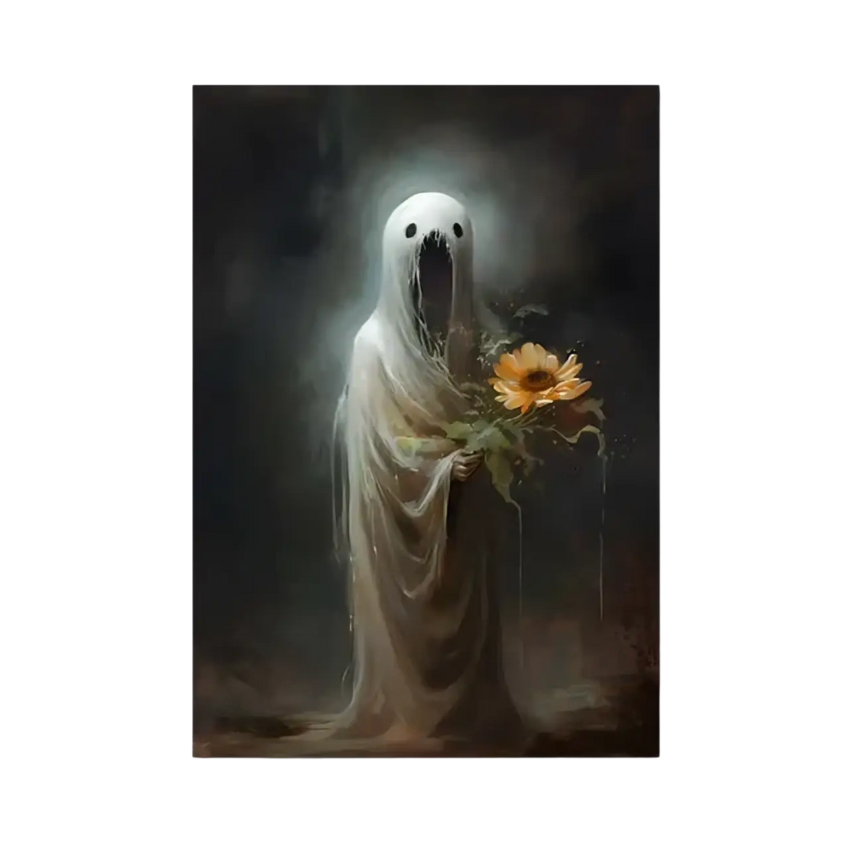Gothic halloween ghost canvas painting featuring an ethereal white ghost with dark eyes holding a yellow sunflower