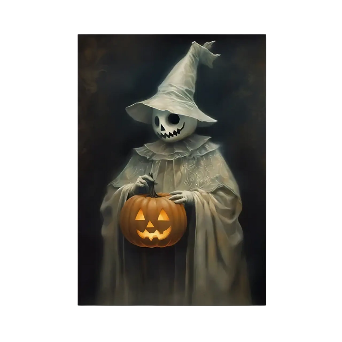 Gothic halloween ghost canvas painting of a ghostly figure in white witch hat and robe holding a glowing carved pumpkin