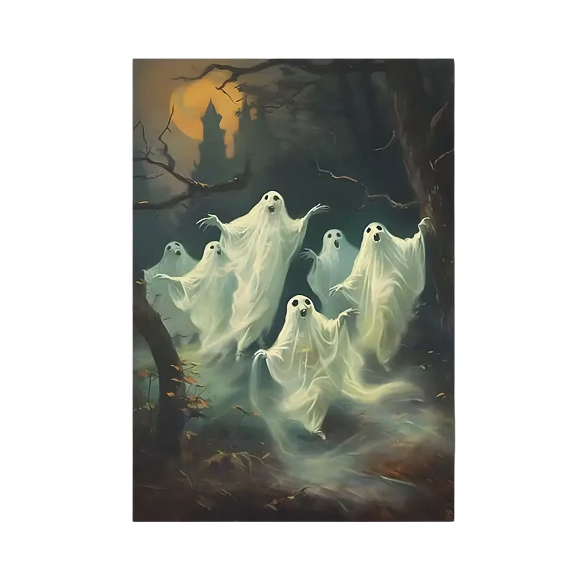 Gothic halloween ghost canvas painting showing translucent white ghosts with glowing eyes in a dark forest under an orange moon