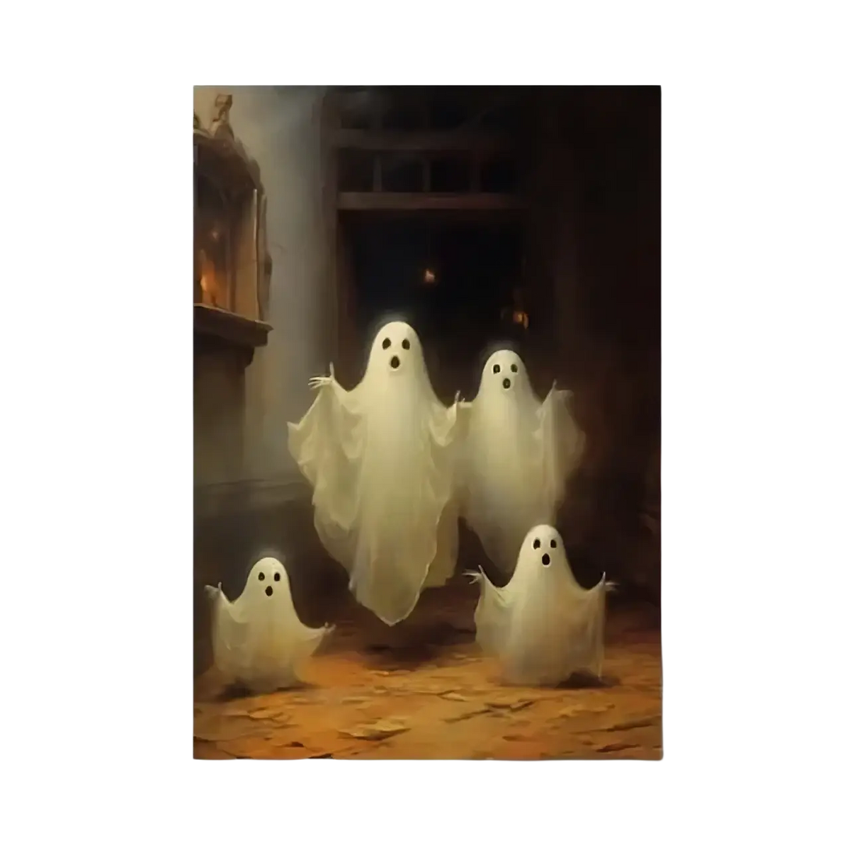 Gothic halloween ghost canvas painting featuring four translucent white ghosts with wide eyes in a dim interior