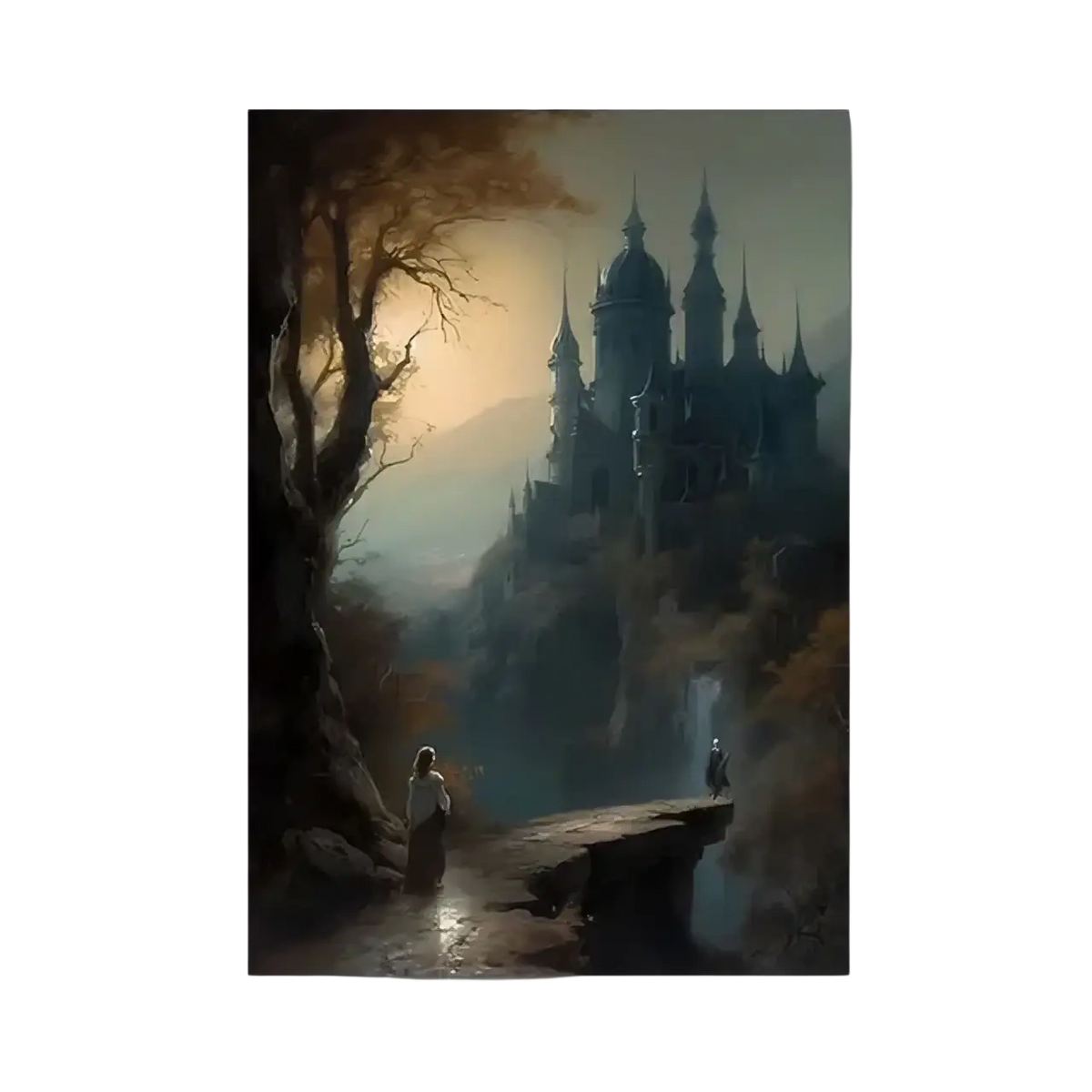 Gothic halloween ghost canvas painting featuring a mysterious dark stone castle with spires in misty surroundings