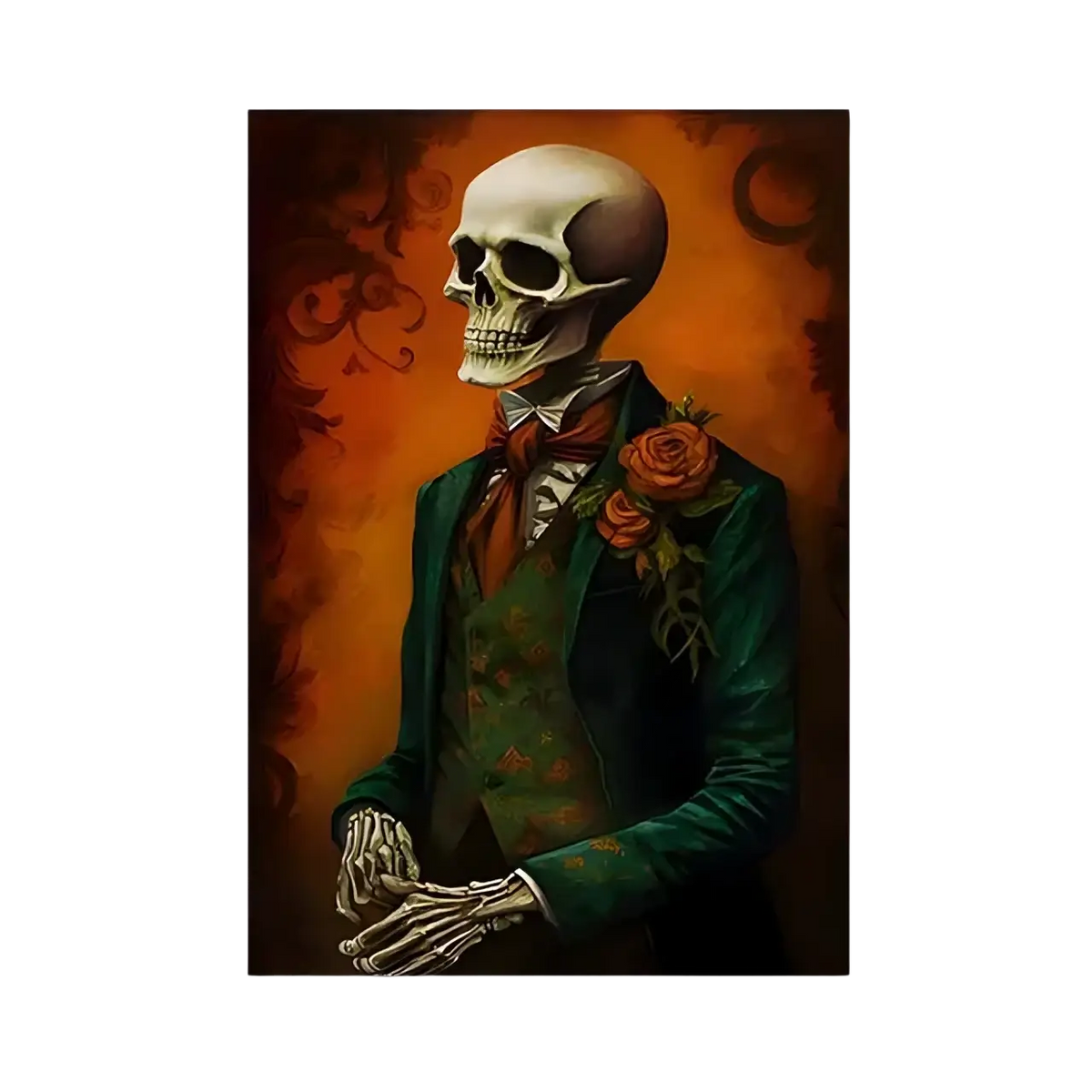 Gothic halloween ghost canvas painting featuring a skeleton portrait in dark green velvet suit with floral embroidery