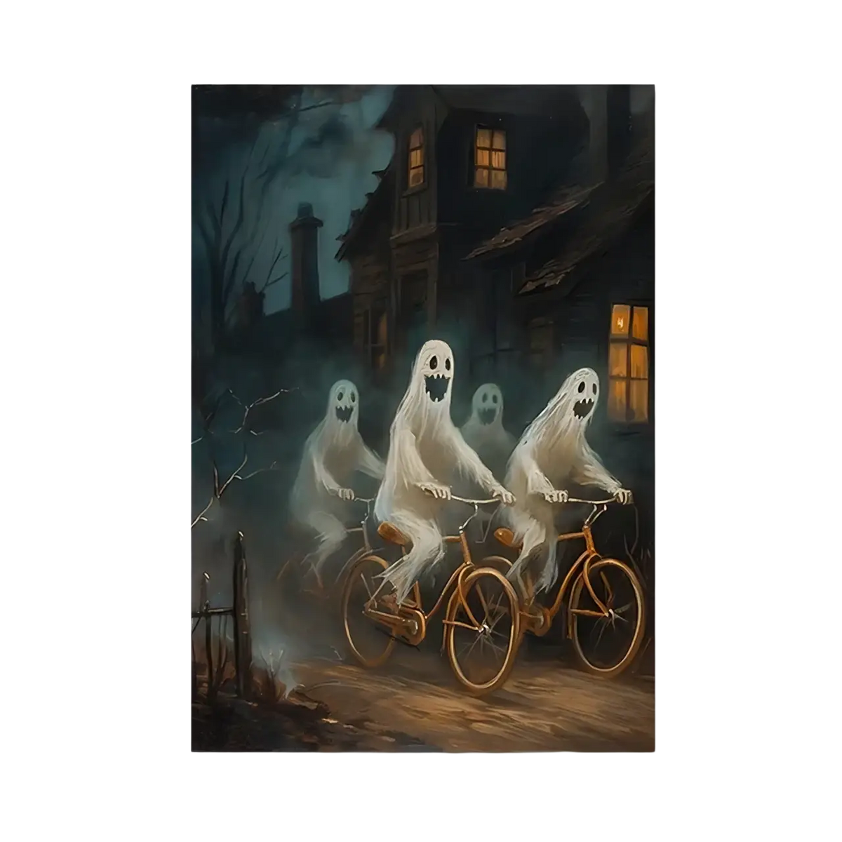 Gothic halloween ghost canvas painting featuring translucent white ghosts with black faces riding gold bicycles near a dark house