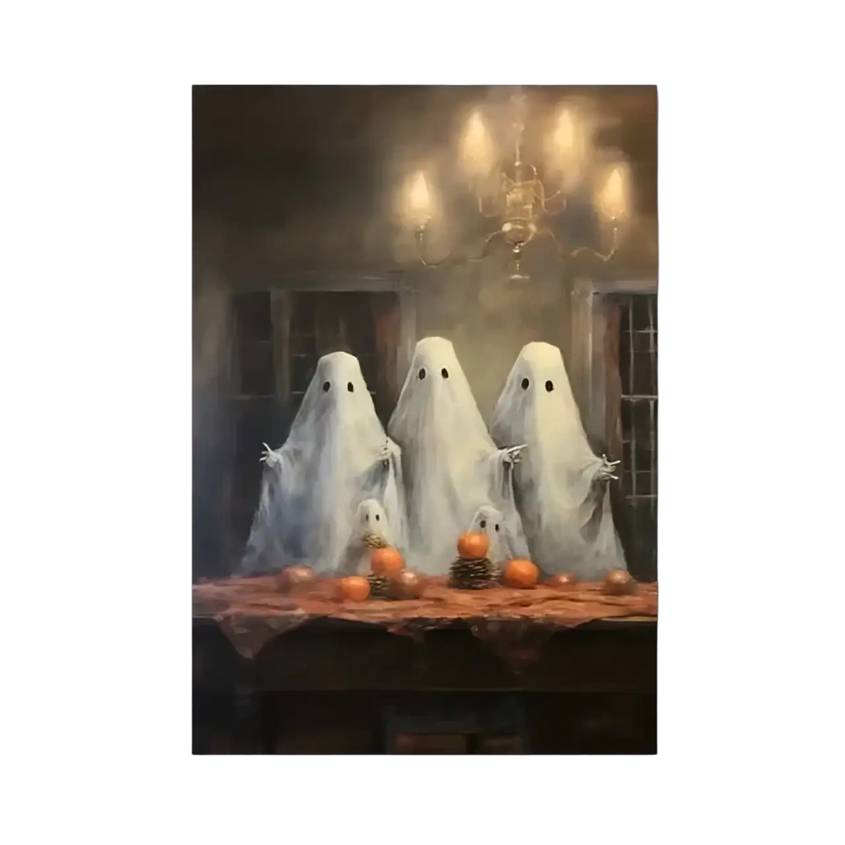 A gothic halloween ghost canvas painting showing three translucent white ghosts around a pumpkin decorated table