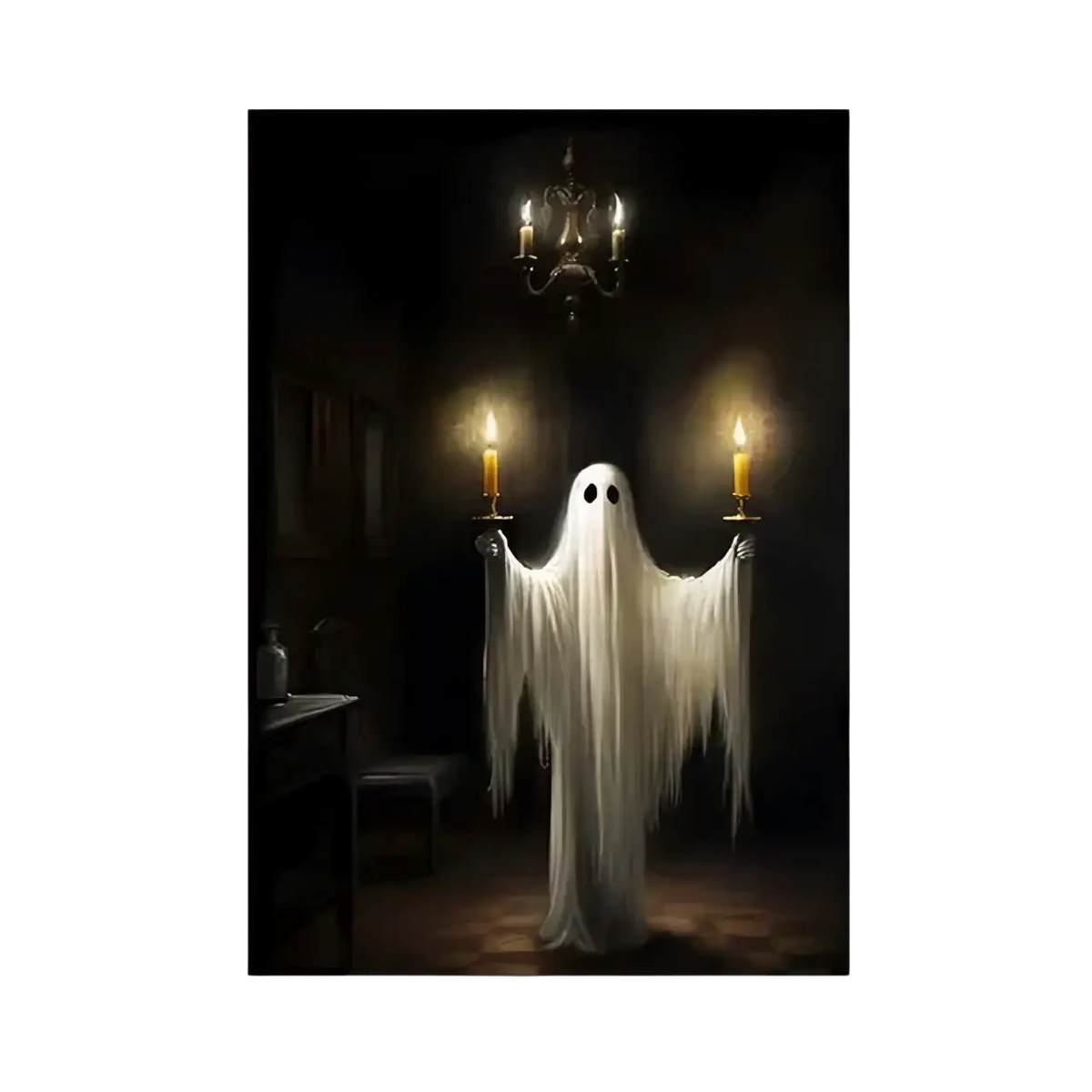 Gothic halloween ghost canvas painting featuring a white flowing ghost holding two lit candles in ornate holders