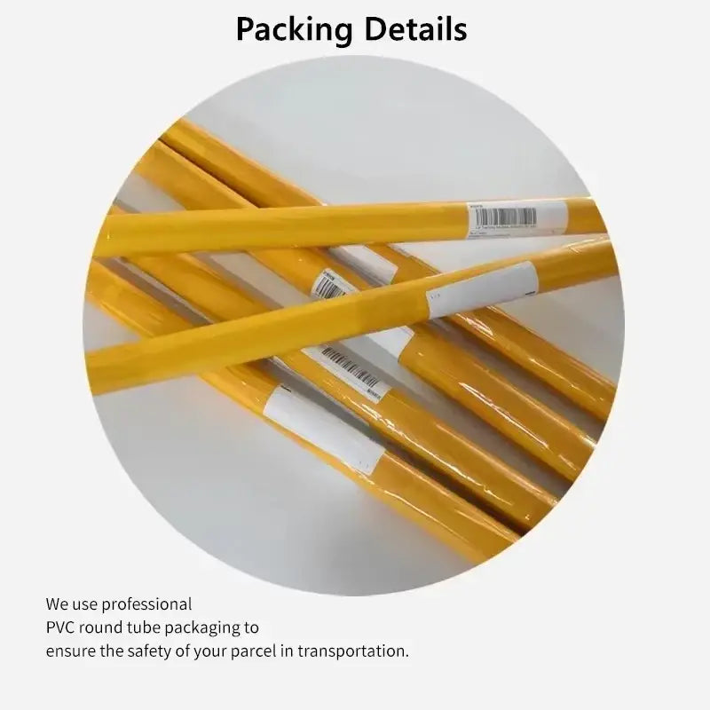 Yellow pvc round tubes wrapped in clear plastic with white barcode labels for gothic halloween ghost canvas painting