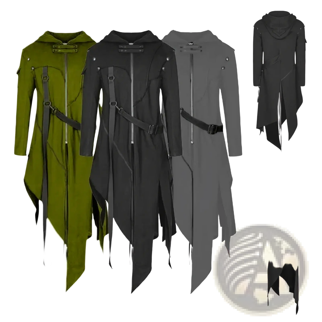 Black gothic hooded trench coat featuring long asymmetrical design and tactical straps for alternative fashion
