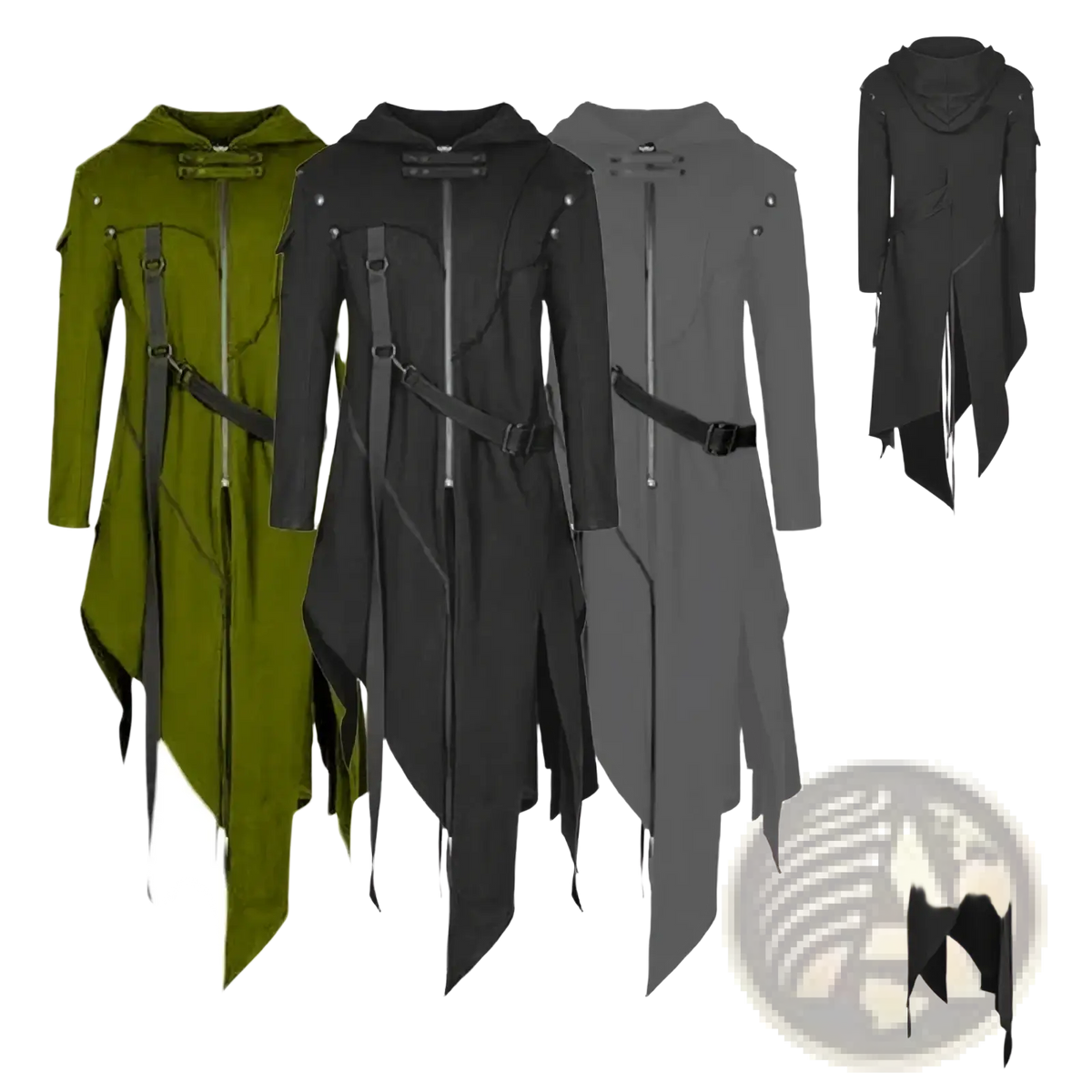 Black gothic hooded trench coat featuring long asymmetrical design and tactical straps for alternative fashion