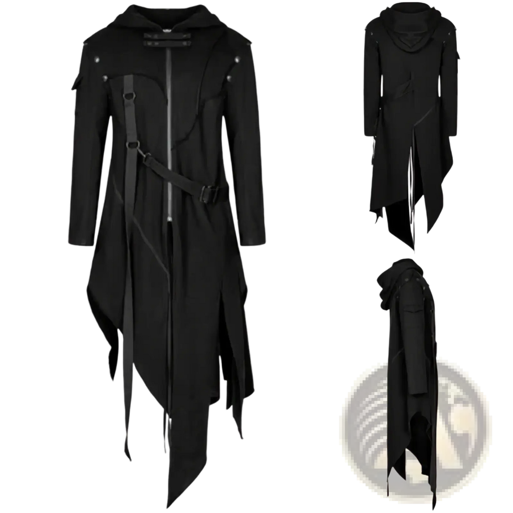 Black gothic hooded trench coat with asymmetrical hem, reinforced straps, buckles, and hood shown from the back side