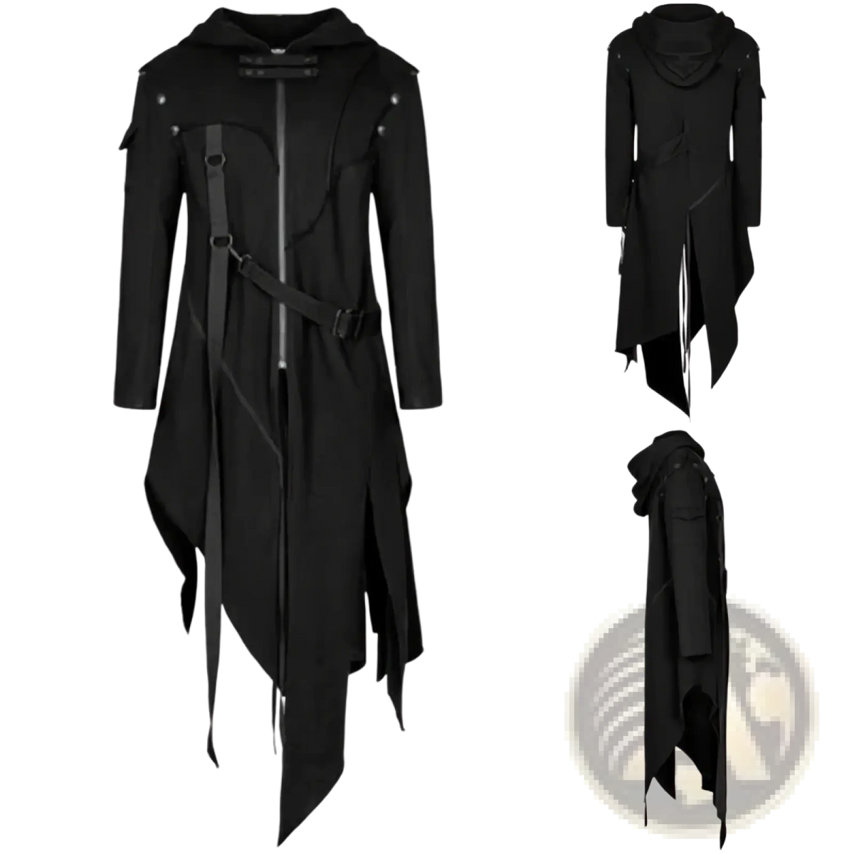 Black gothic hooded trench coat with asymmetrical hem, reinforced straps, buckles, and hood shown from the back side