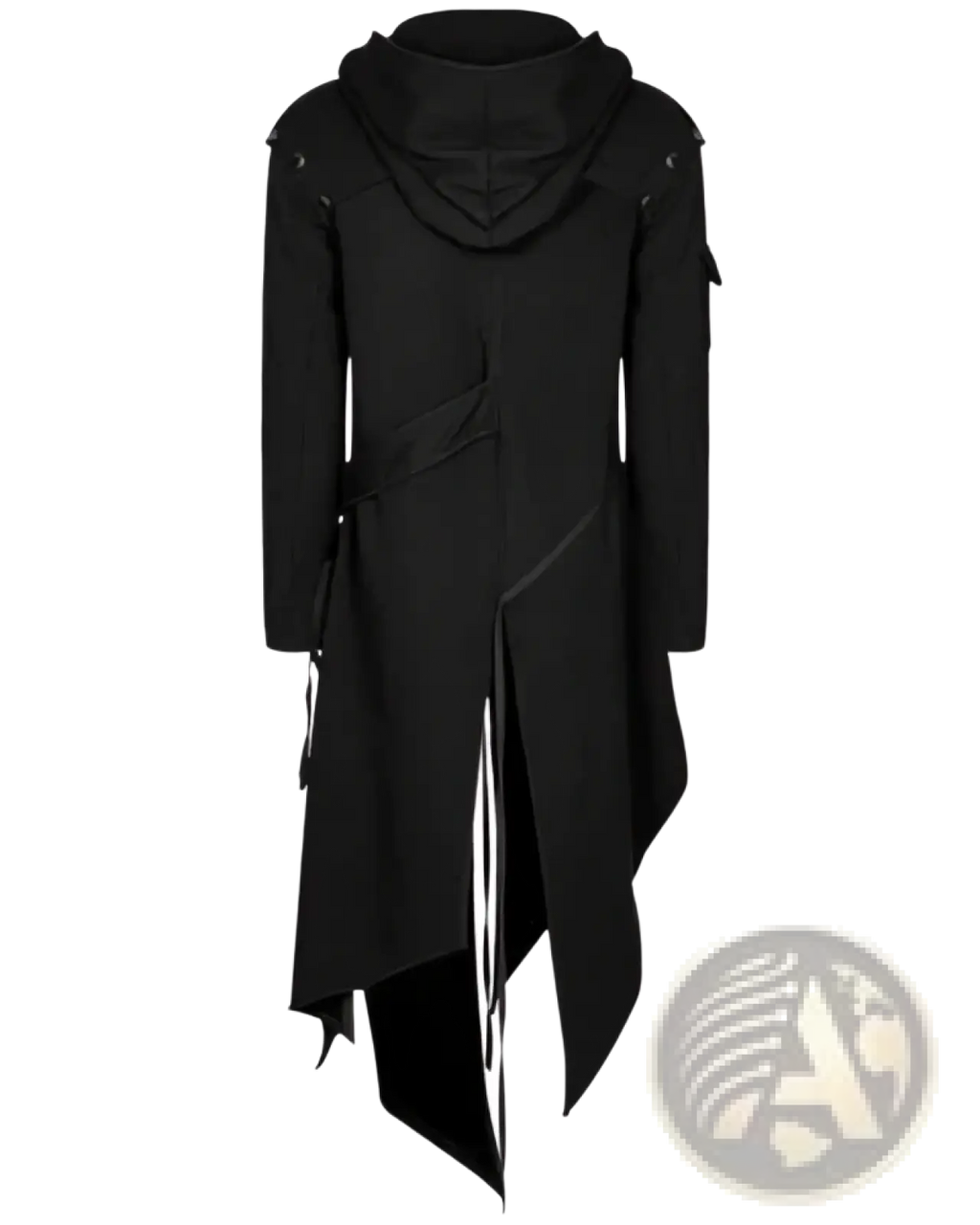 Black asymmetrical gothic hooded trench coat with angular seams and white zipper accents for stylish outerwear