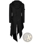 Black asymmetrical gothic hooded trench coat with angular seams and white zipper accents for stylish outerwear