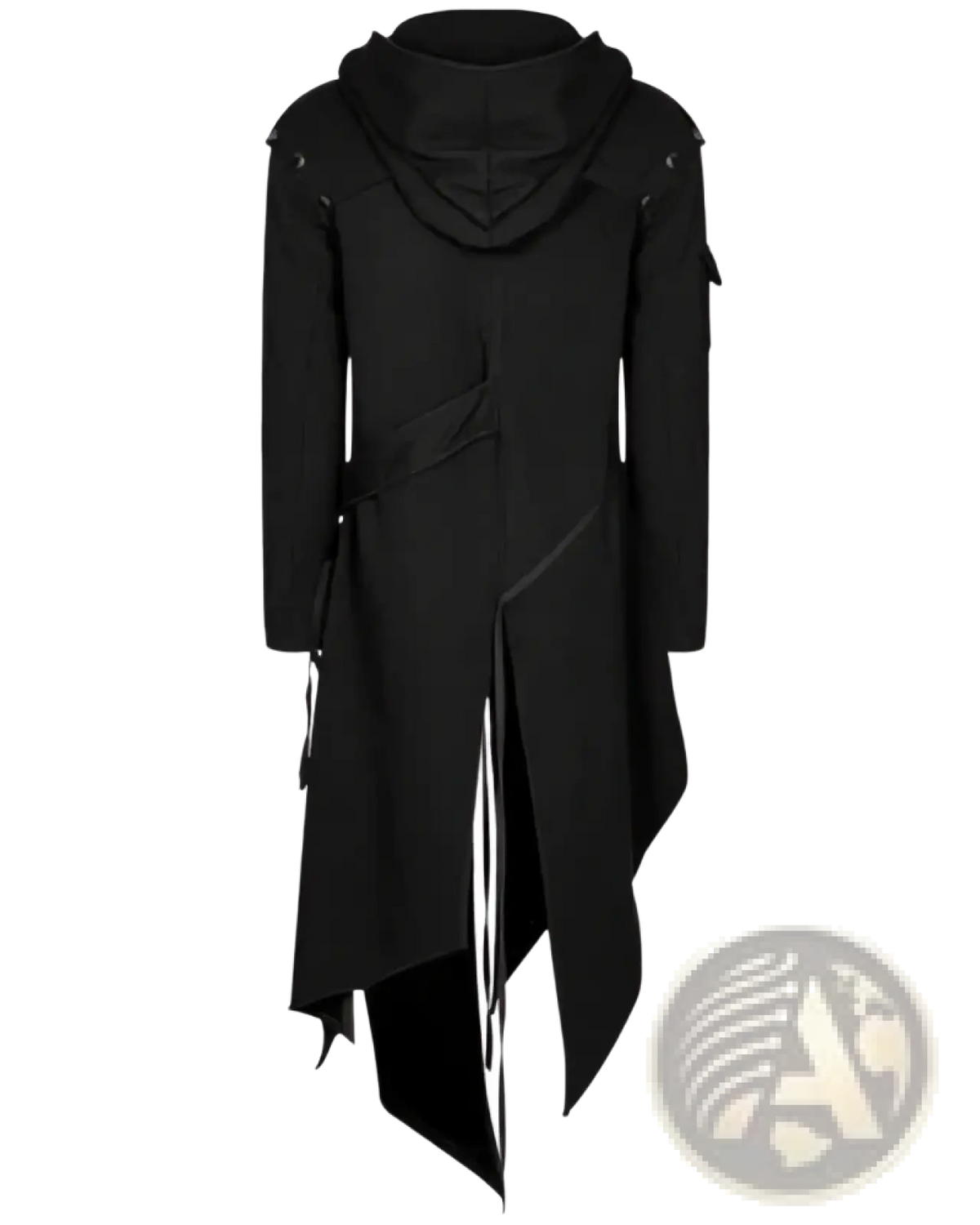 Black asymmetrical gothic hooded trench coat with angular seams and white zipper accents for stylish outerwear