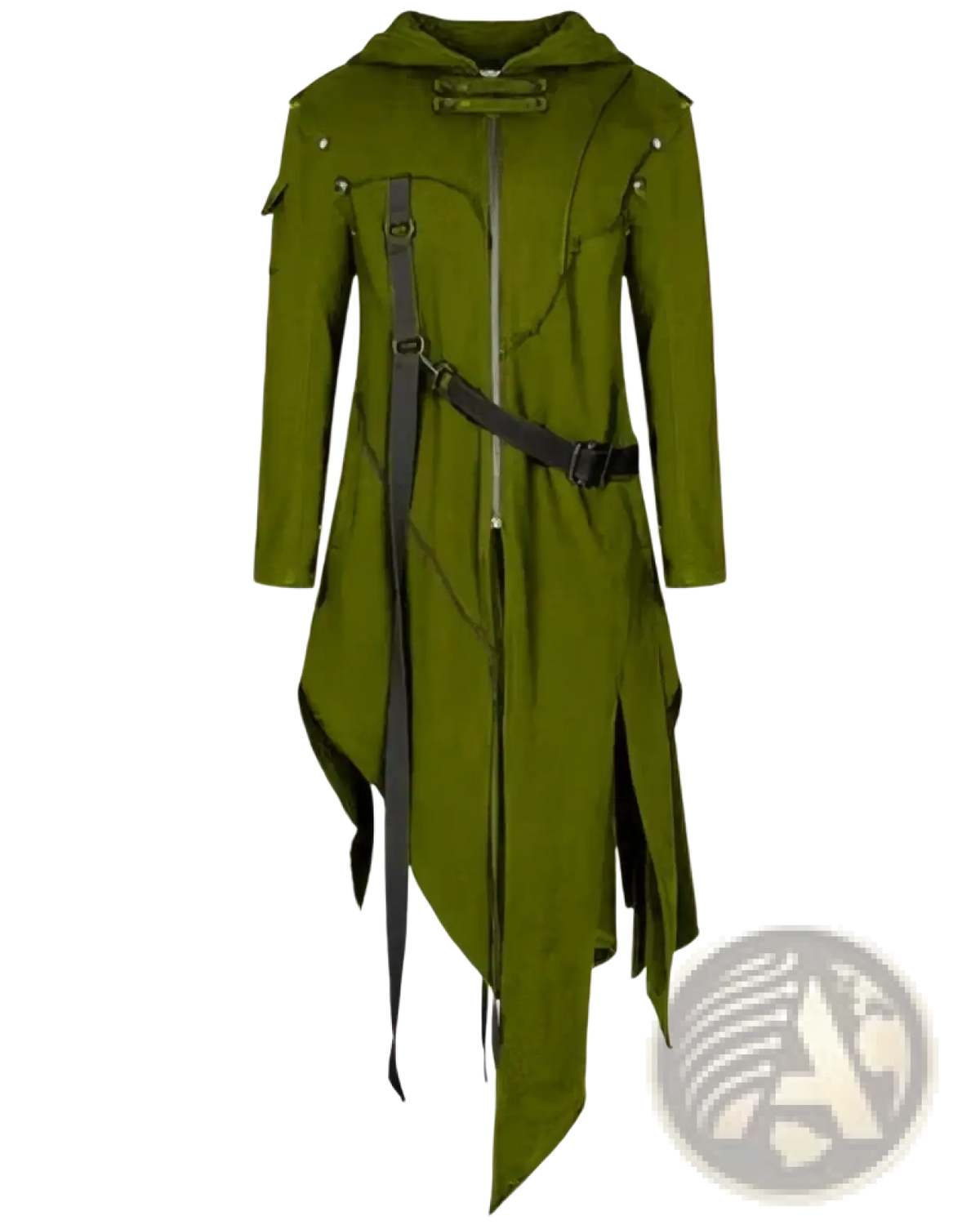Olive green gothic hooded trench coat featuring black leather straps and buckles for a bold stylish look
