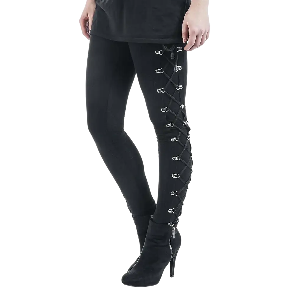 Black gothic lace up leggings with silver metal eyelets and adjustable lacing along the outer thigh