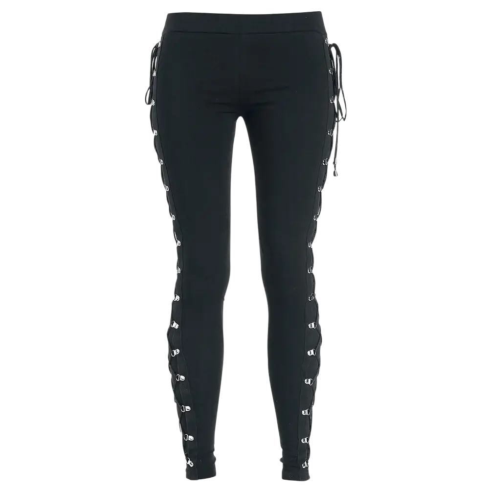 Black gothic lace up leggings with silver metal eyelets and adjustable drawstrings along the outer sides