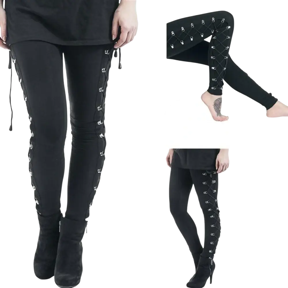 Black gothic lace up leggings featuring silver-toned metal eyelets and adjustable drawstrings in steampunk style