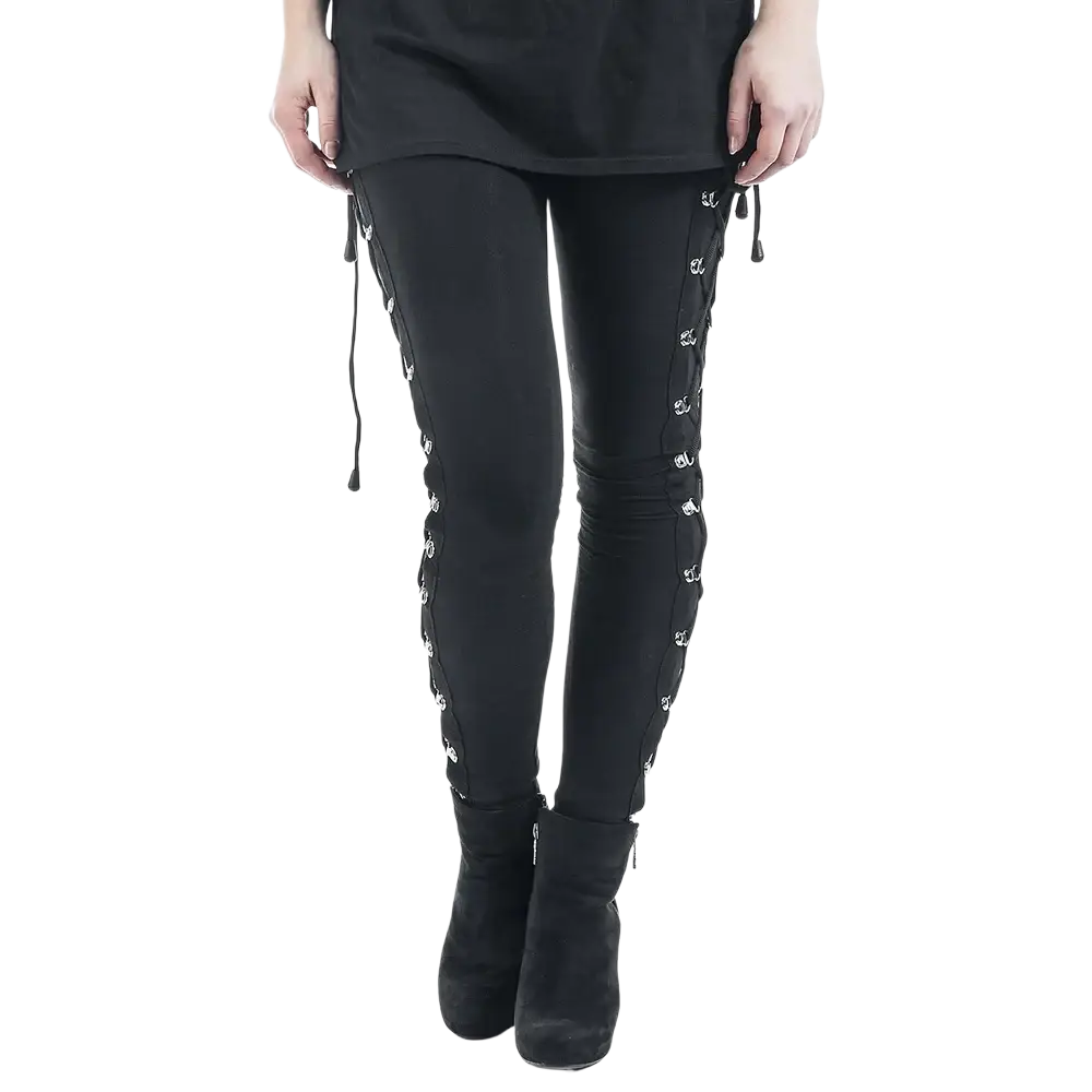 Black gothic lace-up leggings in fabric with silver-toned eyelets and adjustable drawstrings for steampunk style