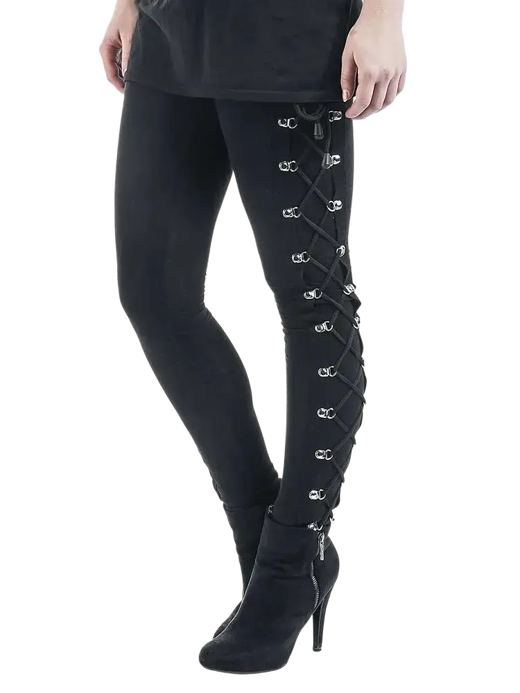 Black gothic lace up leggings with silver-toned metal eyelets and sleek form-fitting steampunk pants design