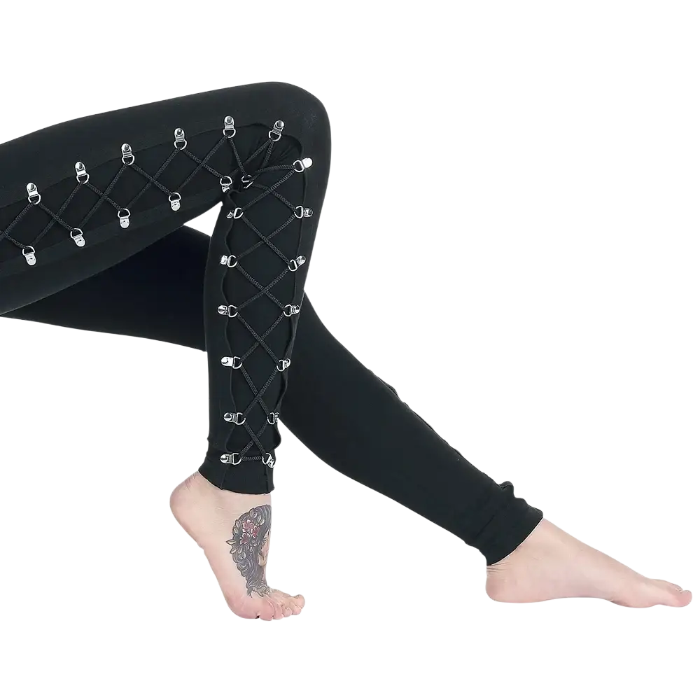 Black gothic lace up leggings with silver-toned lace-up detailing along the outer leg for steampunk fashion
