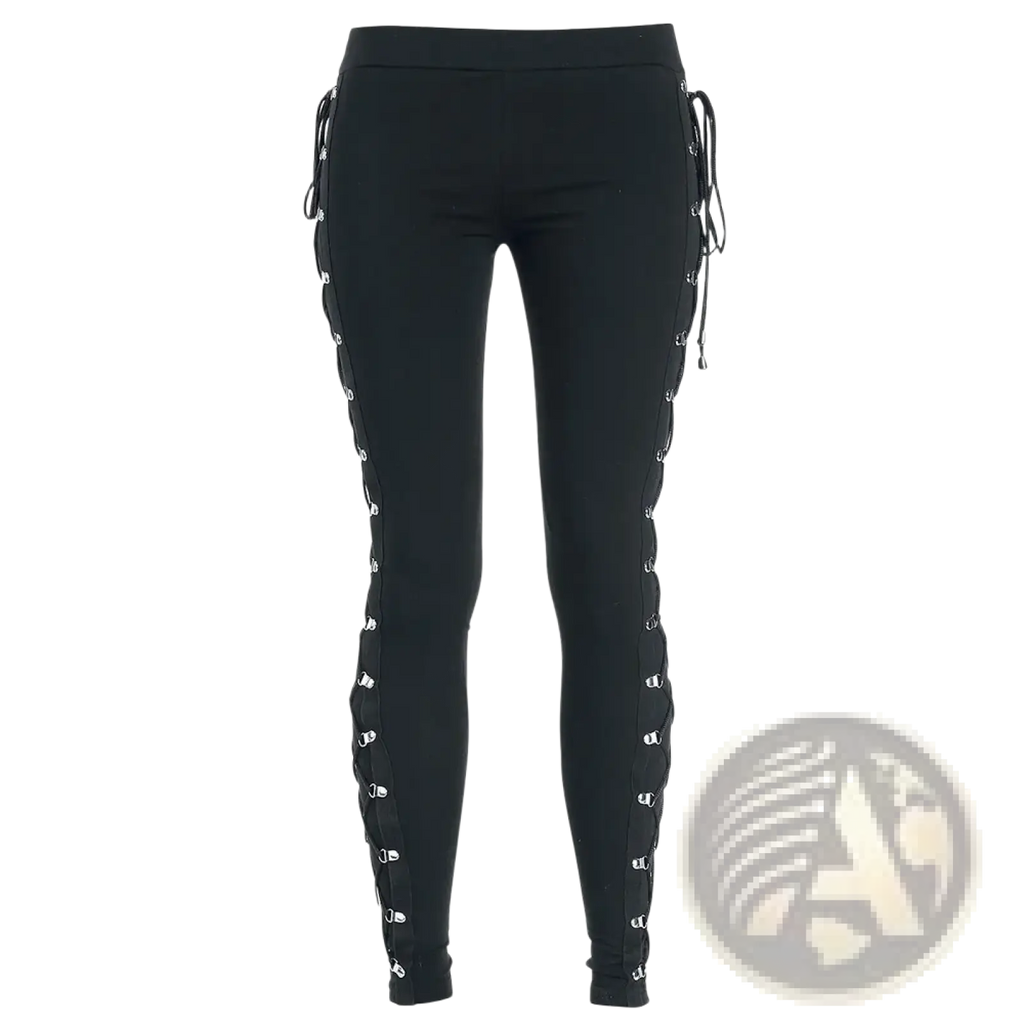 Black gothic lace up leggings with silver metal eyelets and adjustable drawstrings along the outer sides