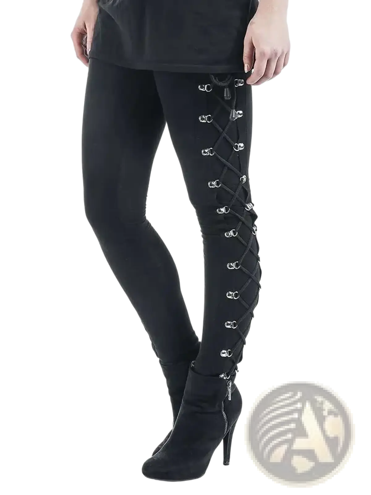 Black gothic lace up leggings with silver-toned metal eyelets and sleek form-fitting steampunk pants design