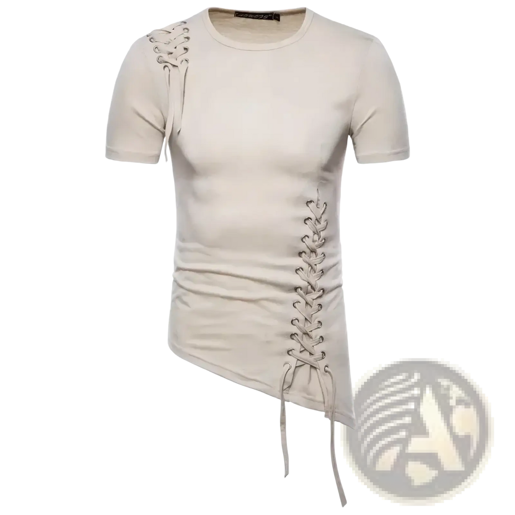 Beige gothic lace up slim fit short sleeve t-shirt with asymmetrical lace detailing on shoulder and side