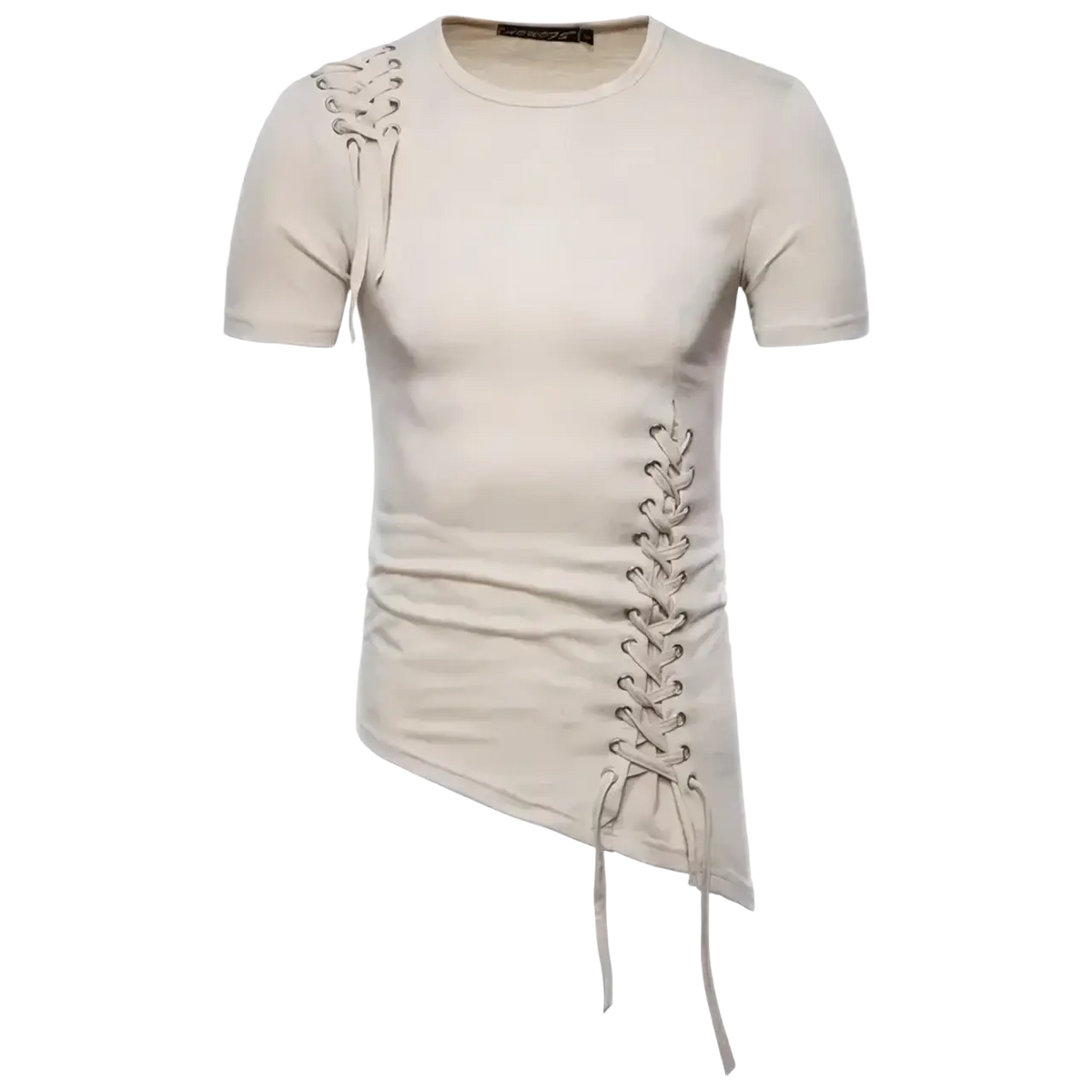 Beige gothic lace up slim fit short sleeve t-shirt with asymmetrical lace up detailing on shoulders and side