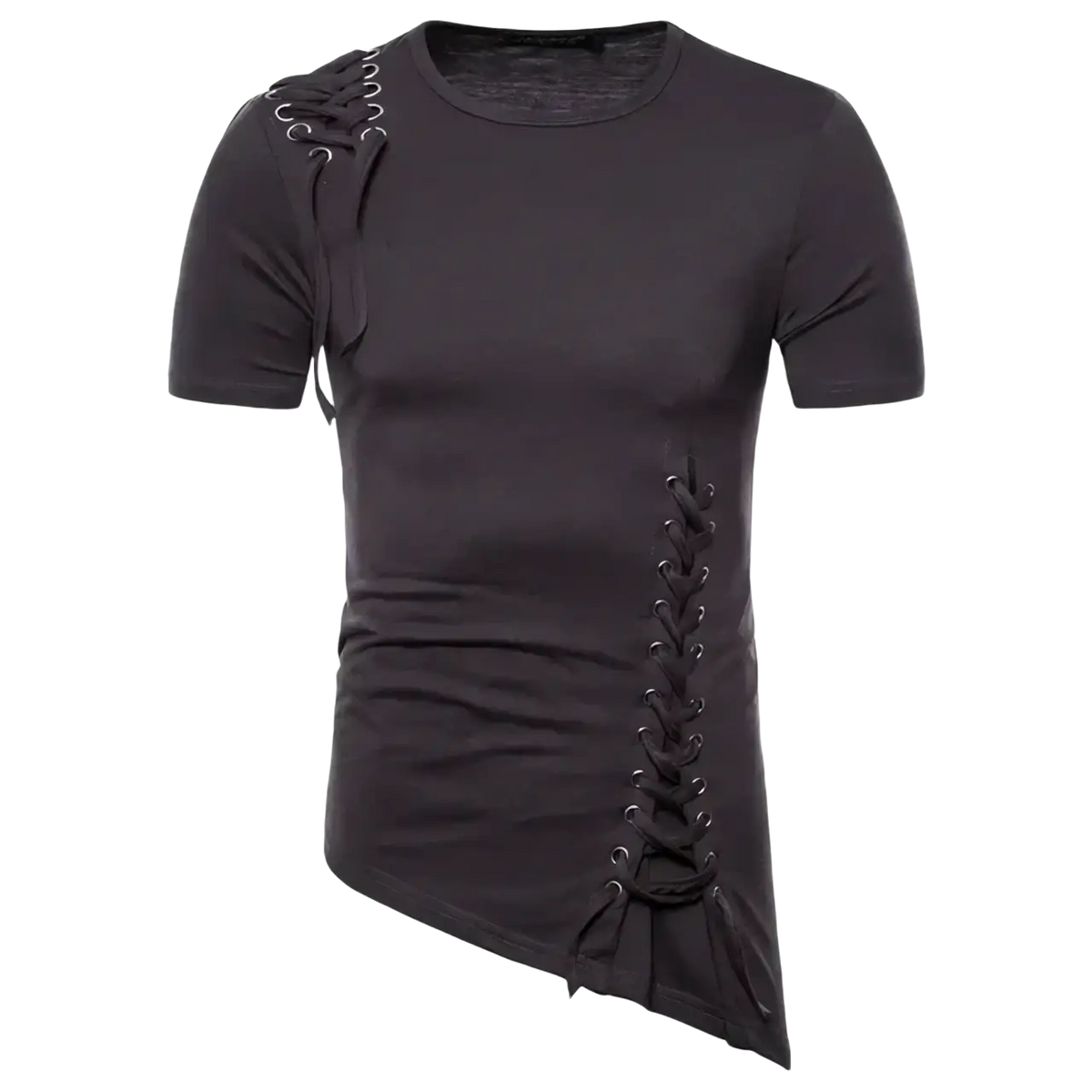 Black gothic slim fit short sleeve t-shirt with asymmetrical lace up detailing on shoulder and side in cotton material