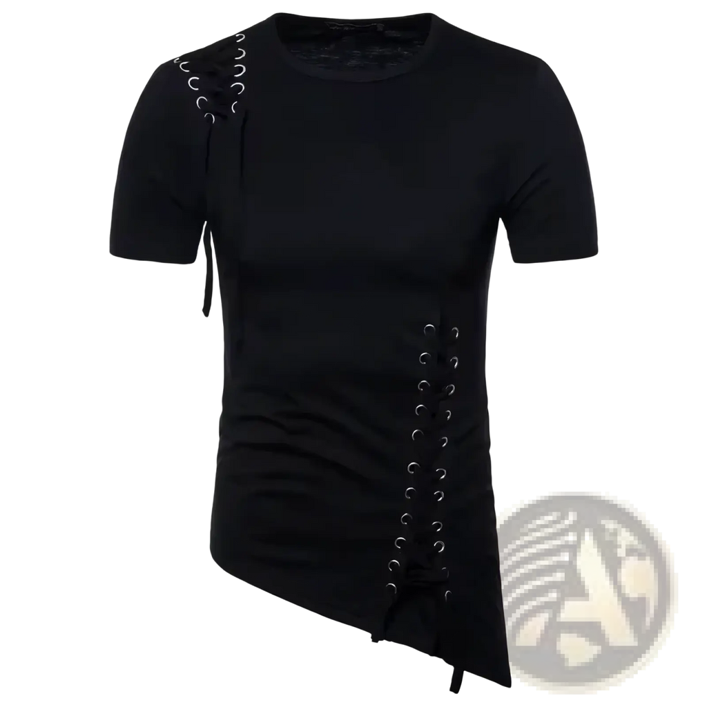 Black gothic lace up slim fit short sleeve t shirt with asymmetrical lace up detailing and silver metal eyelets