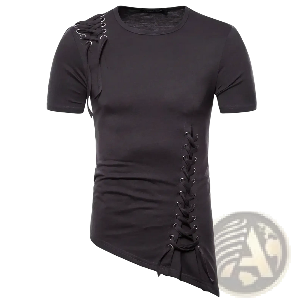 Black gothic slim fit short sleeve t-shirt with asymmetrical lace up detailing on the shoulder and side