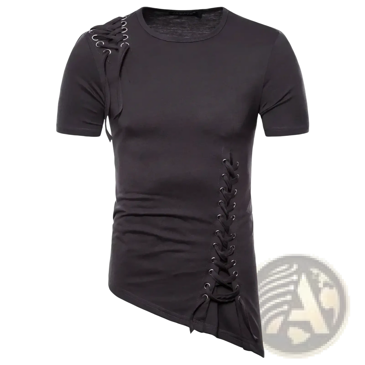 Black gothic slim fit short sleeve t-shirt with asymmetrical lace up detailing on the shoulder and side