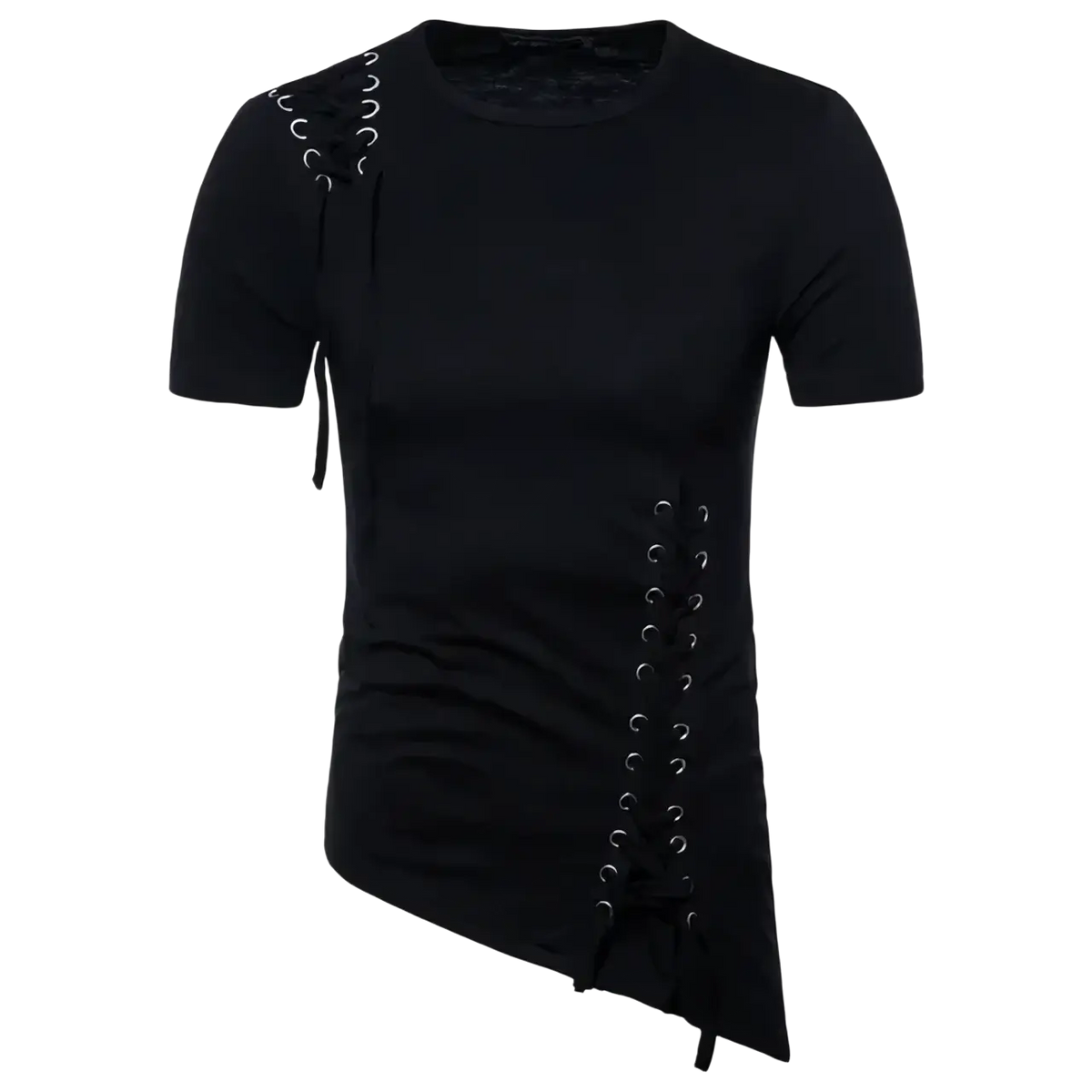 Black slim fit short sleeve gothic t-shirt with asymmetrical lace up detailing on shoulders and side