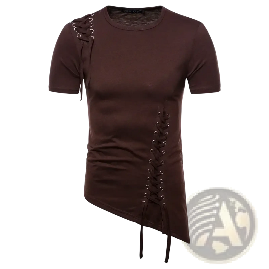 Brown gothic lace up slim fit short sleeve t shirt with asymmetrical lace up shoulder and side detailing and round neckline