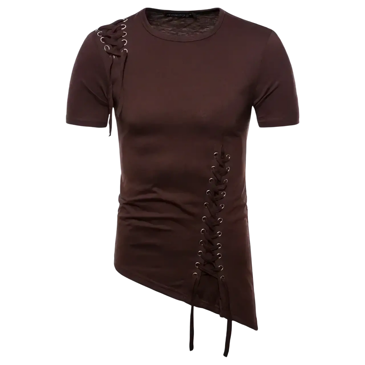 Dark brown gothic lace up slim fit short sleeve t-shirt with asymmetrical lace-up detailing on shoulder and side