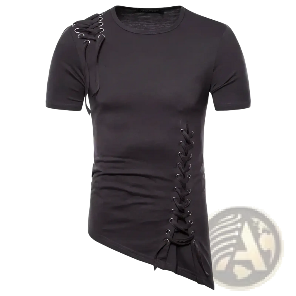 Black gothic slim fit short sleeve t-shirt with asymmetrical lace up detailing on shoulder and side in cotton material