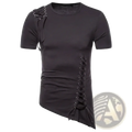Black gothic slim fit short sleeve t-shirt with asymmetrical lace up detailing on shoulder and side in cotton material
